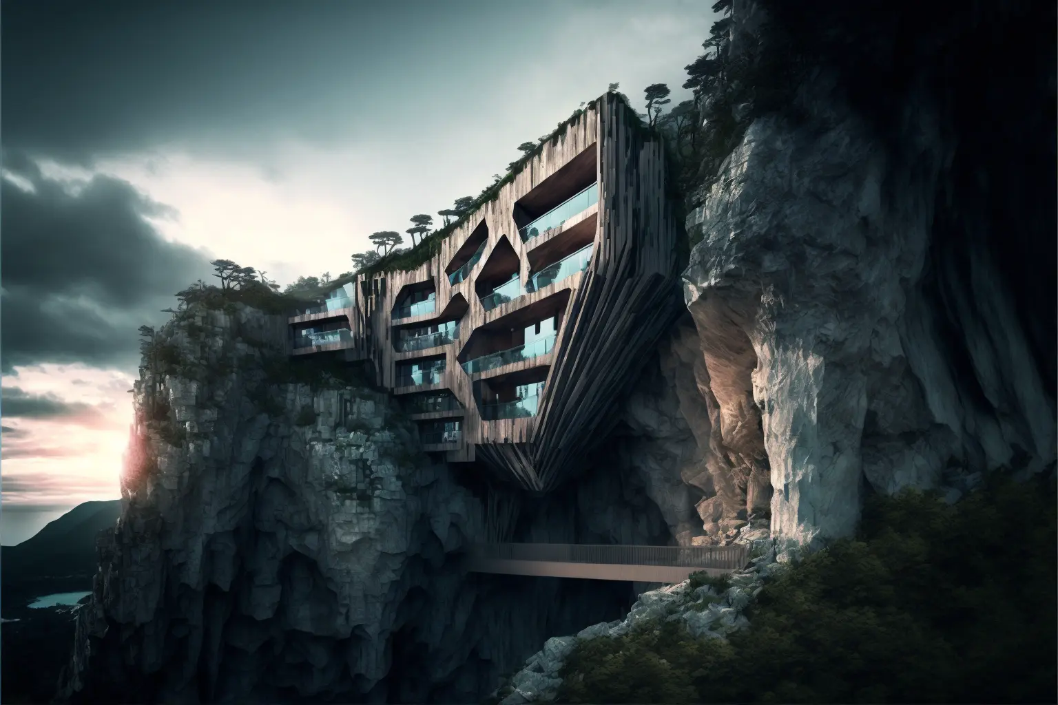 resort embed into a cliff designed by Kengo Kuma, architectural photography, style of archillect, futurism modernist architecture 